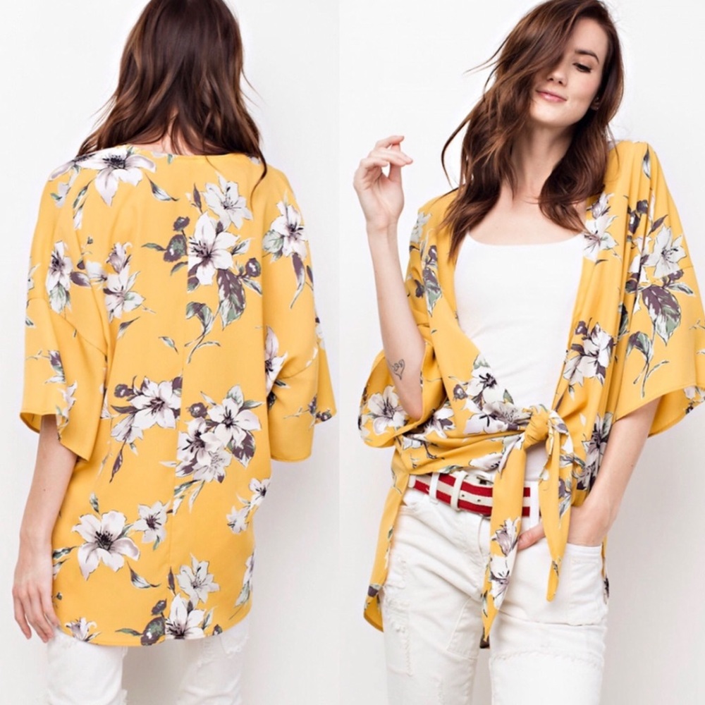 NEW Easel Floral Kimono Topper Gold Yellow Abstract Floral Print Women Sizes NWT - Picture 2 of 14
